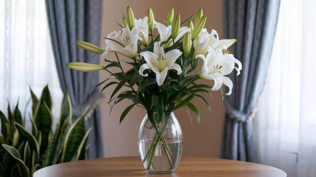 a vase filled with white lilies