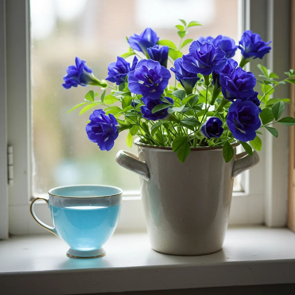 butterfly pea plant next to its tea