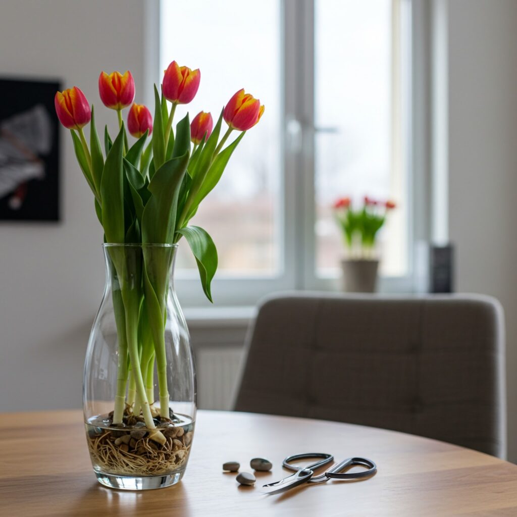 tulips in water vase